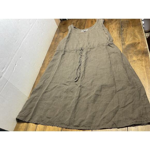 FLAX Women’s Size Large Brown Linen Cinch Waist Bib Dress Minimalist - Picture 1 of 9